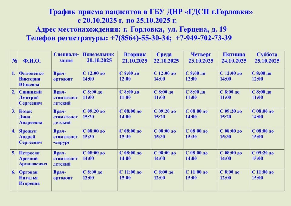 Иван Приходько: График работы специалистов ГБУ ДНР «ГДСП г.Горловки», ГБУ ДНР «Городской наркологический диспансер г. Горловки», ГБУ ДНР «ГПБ г. Горловки», ГБУ ДНР «ГПТД г.Горловки», ГБУ ДНР «ГДВД г.Горловки», ГБУ ДНР «ГСП...