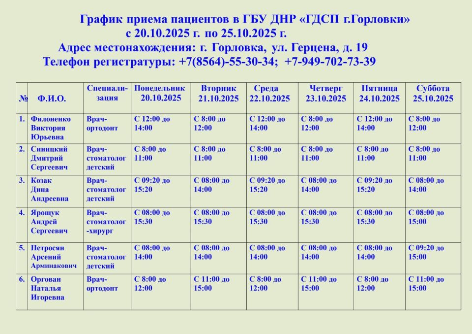 Иван Приходько: График работы специалистов ГБУ ДНР «ГДСП г.Горловки», ГБУ ДНР «Городской наркологический диспансер г. Горловки», ГБУ ДНР «ГПБ г. Горловки», ГБУ ДНР «ГПТД г.Горловки», ГБУ ДНР «ГДВД г.Горловки», ГБУ ДНР «ГСП...