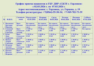 Иван Приходько: График работы специалистов ГБУ ДНР «ГДСП г.Горловки», ГБУ ДНР «Городской наркологический диспансер г. Горловки», ГБУ ДНР «ГПБ г. Горловки», ГБУ ДНР «ГПТД г.Горловки», ГБУ ДНР «ГДВД г.Горловки», ГБУ ДНР «ГСП...