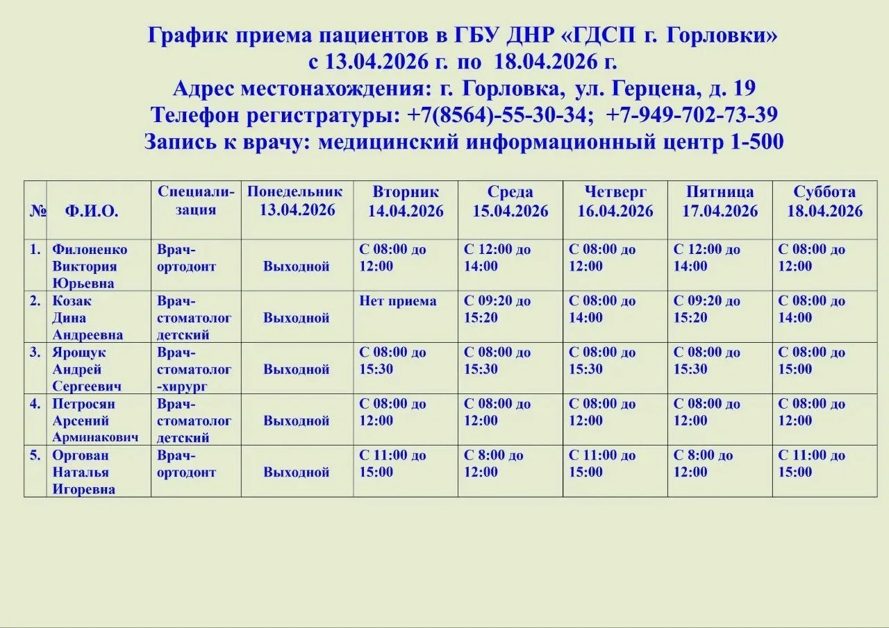 Иван Приходько: График работы специалистов ГБУ ДНР «ГДСП г.Горловки», ГБУ ДНР «Городской наркологический диспансер г. Горловки», ГБУ ДНР «ГПБ г. Горловки», ГБУ ДНР «ГПТД г.Горловки», ГБУ ДНР «ГДВД г.Горловки», ГБУ ДНР «ГСП...