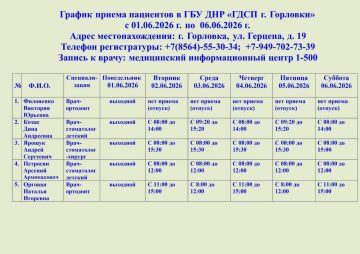 Иван Приходько: График работы специалистов ГБУ ДНР «ГДСП г.Горловки», ГБУ ДНР «Городской наркологический диспансер г. Горловки», ГБУ ДНР «ГПБ г. Горловки», ГБУ ДНР «ГПТД г.Горловки», ГБУ ДНР «ГДВД г.Горловки», ГБУ ДНР «ГСП...